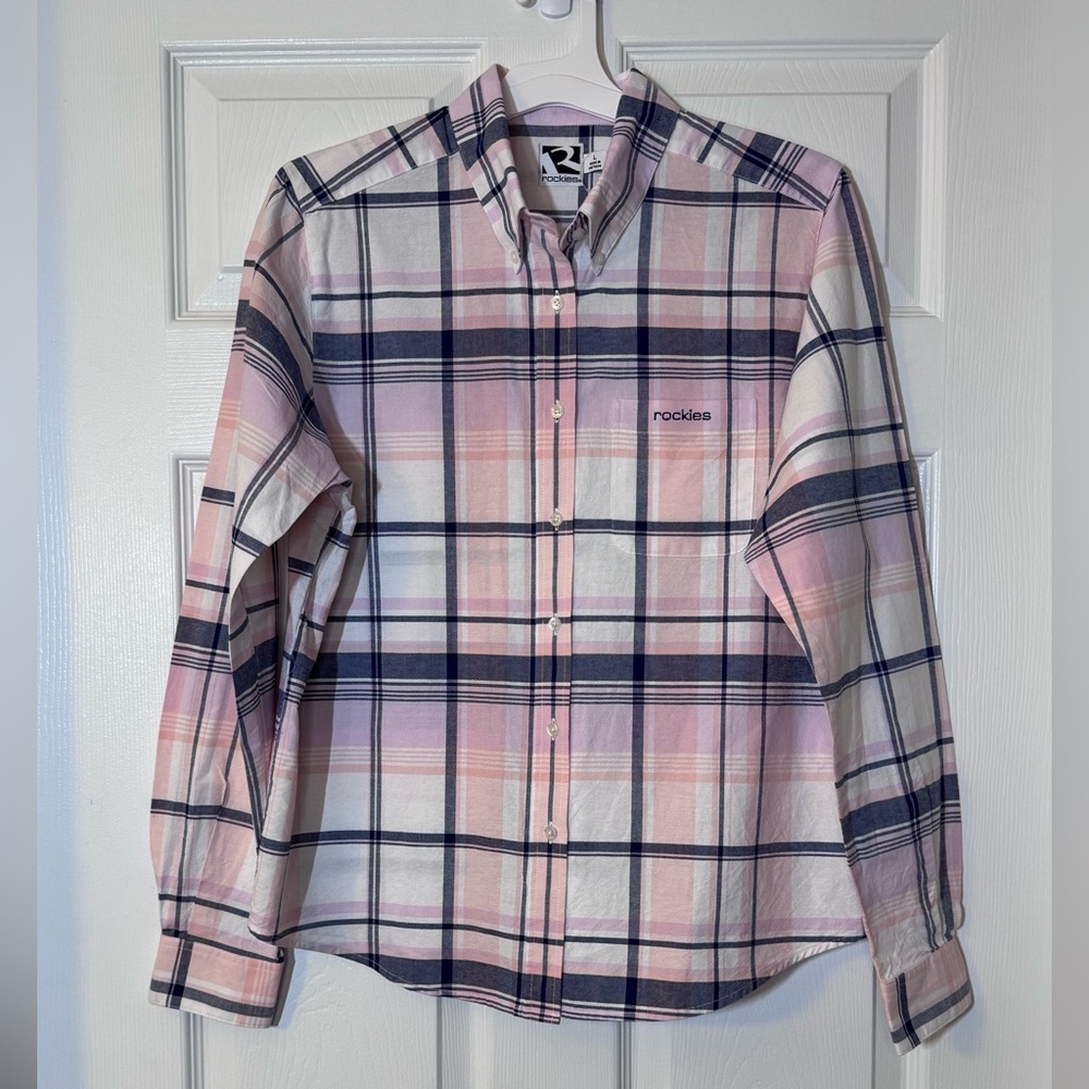 Rockies Men's Pink and Navy Plaid‎ Shirt